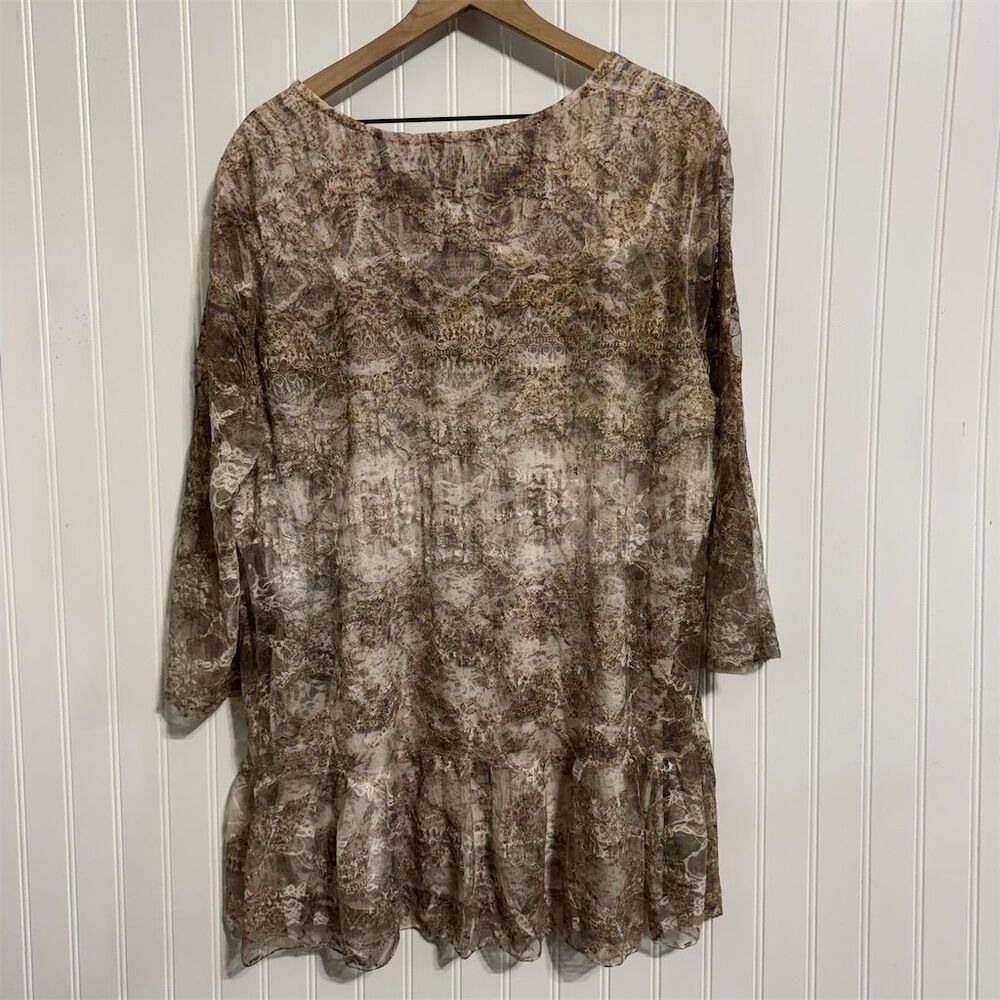 Cal Style Plus Tunic 2XL Brown Sheer Crinkle Lace Overlay‎ Ruffle Hem Whimsigoth - Picture 2 of 7